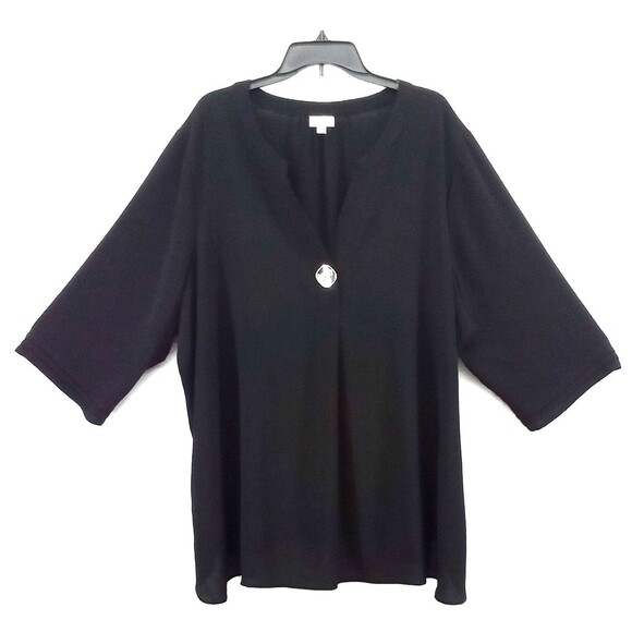 Avenue Blouse Women Plus Size 30/32 Black 3/4 Sleeve Deep Button Accent V Neck - Picture 1 of 7